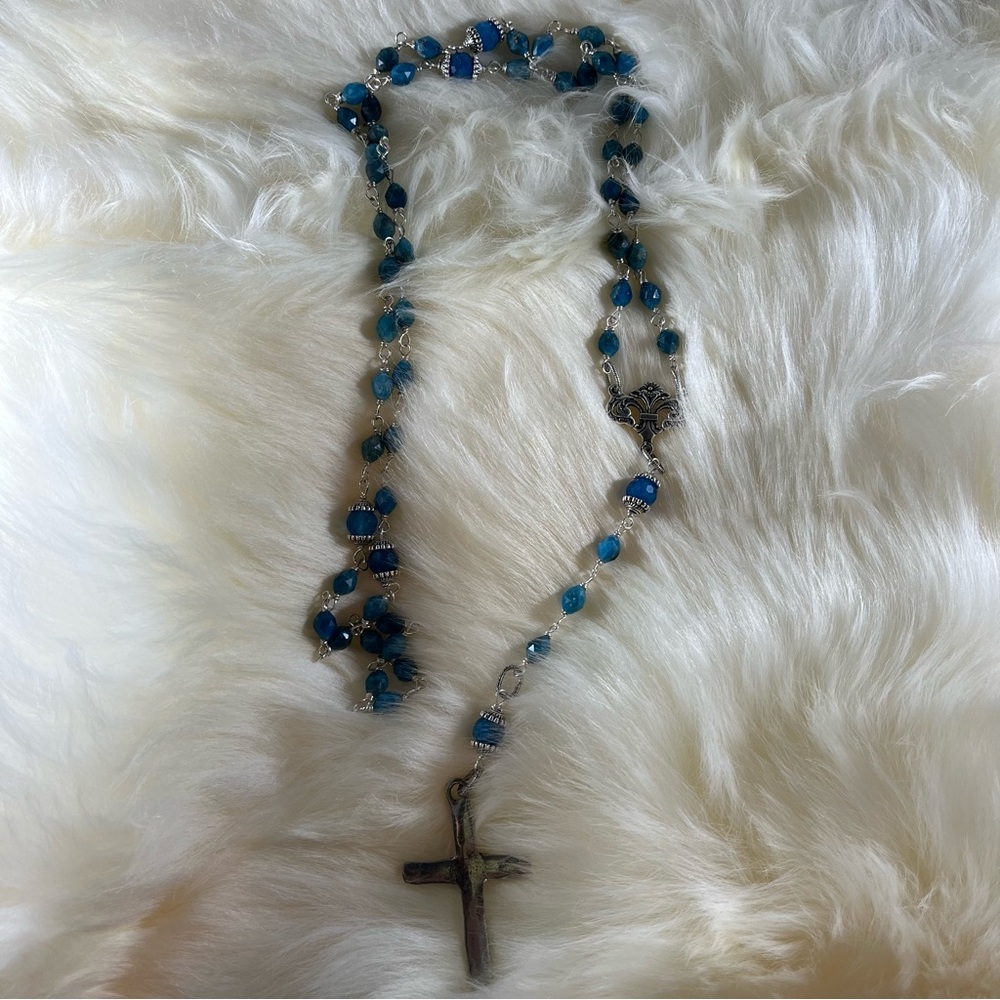 Elegant Blue Beaded Cross Rosary or necklace - hand made w semiprecious stones